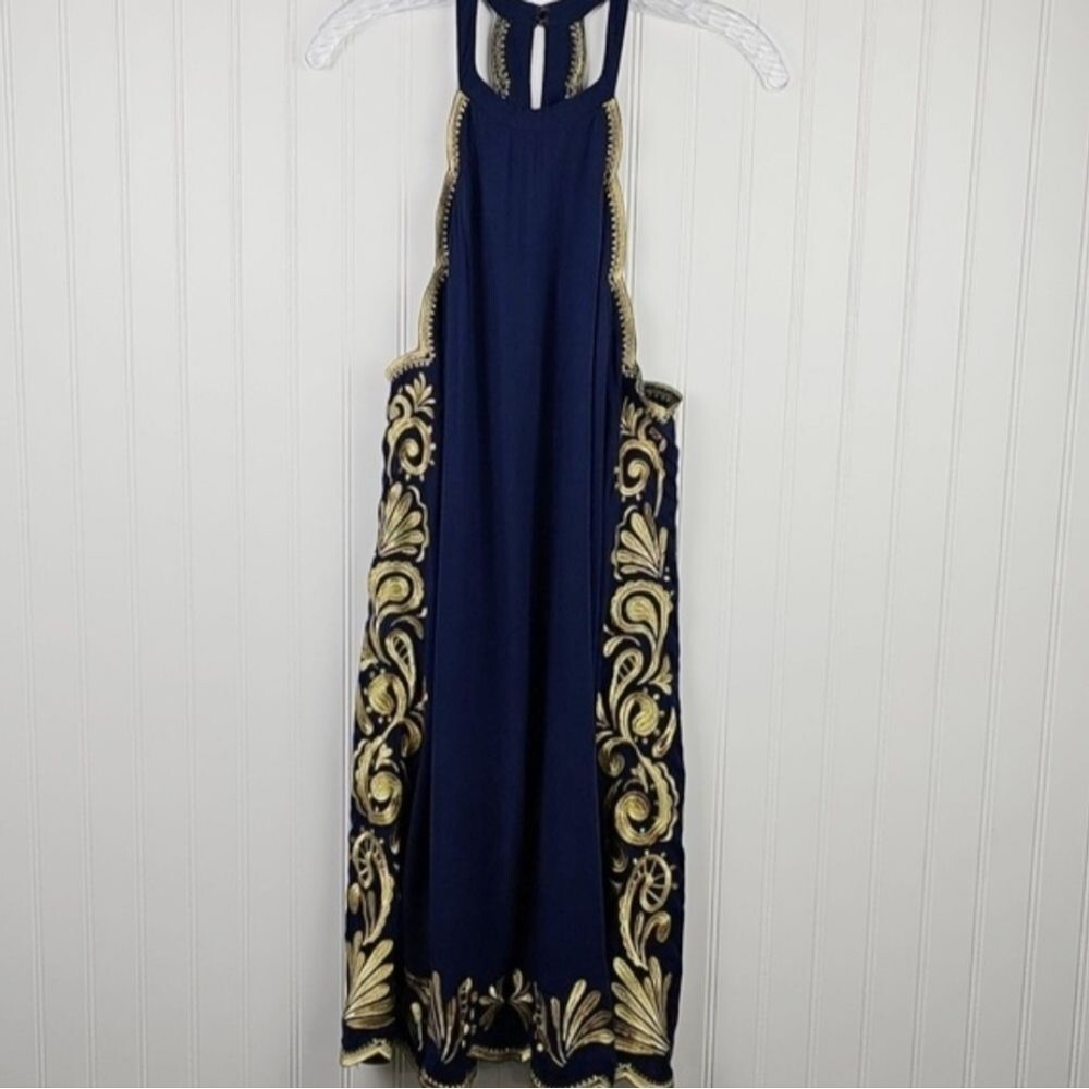 Lilly Pulitzer Navy & Gold Embroidered Halter Dress — XL - Picture 2 of 9